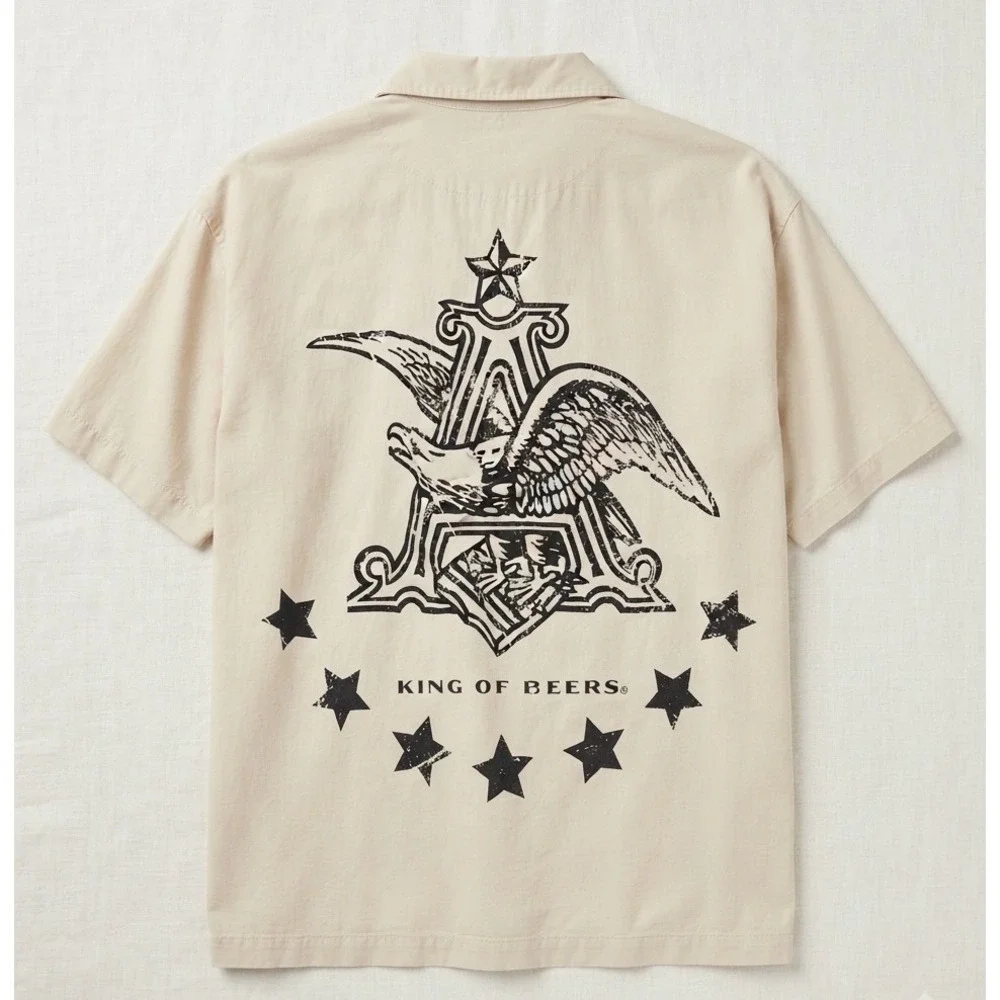 Budweiser PacSun Tan Short Sleeve Button Up Camp Shirt King of Beers Eagle Med